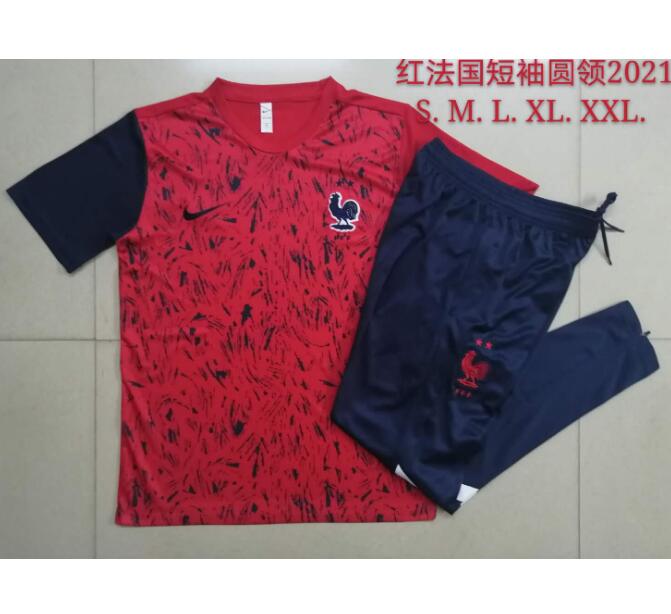 2020 EURO France Red Navy Short Sleeve Training Kits Shirt with Pants